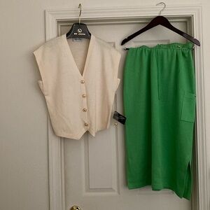 *NWT* SAINT JOHN Ivory Knit Vest/Top w Green Knit Skirt Size L